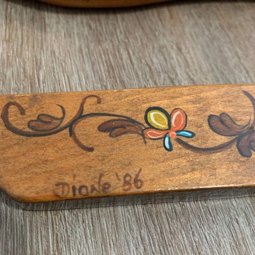 Vintage 80s Hand Carved Floral Painted Wooden‎ Oven Rack Puller Pusher